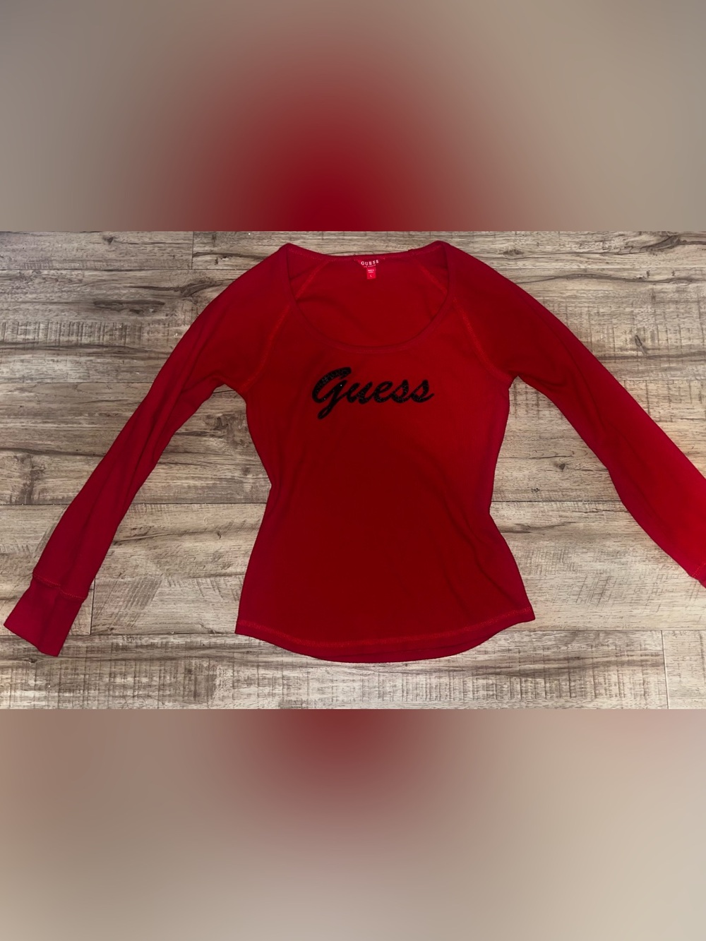 GUESS Red Long Sleeve Scoop Neck Top with Black Logo